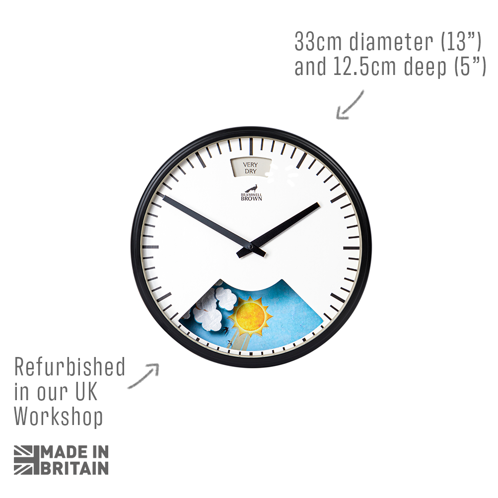 A round wall clock with a black frame and white face showing 1:52. The lower part displays a weather scene with sun, clouds, and rain. Text highlights the clocks size, UK refurbishment, and Made in Britain badge.