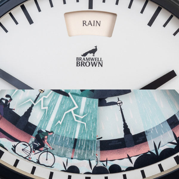 Close-up of a clock face displaying RAIN at the top, with an illustrated scene below showing rain, lightning, and a cyclist riding through a cityscape with street lamps and buildings.