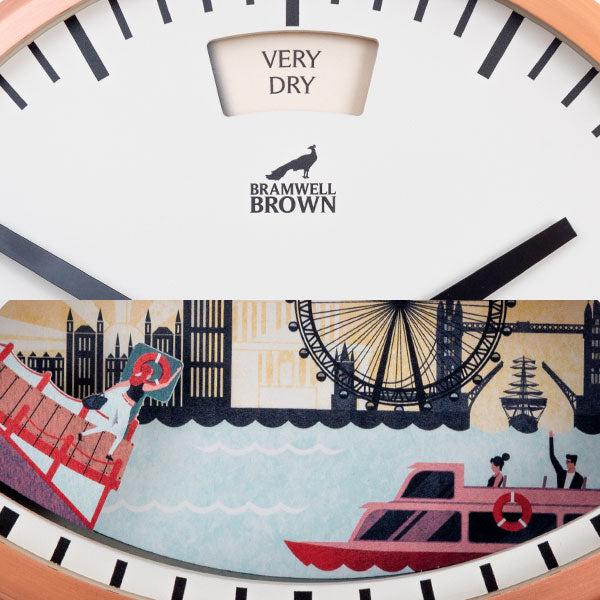 Close-up of a clock face showing “VERY DRY” and “BRAMWELL BROWN.” The lower part features a colorful illustration of the London Eye, Big Ben, and boats on the Thames River.