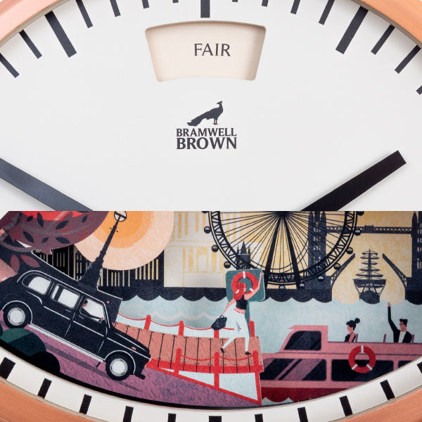 A close-up of a clock face with BRAMWELL BROWN branding, a FAIR weather indicator, and a colorful illustration featuring a car, a bridge, a ferris wheel, and a boat in a cityscape.