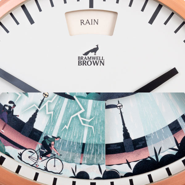 Close-up of a weather clock face showing “RAIN,” with illustrated cyclists riding in heavy rain and lightning beneath the hands, and a cityscape with street lamps in the background.