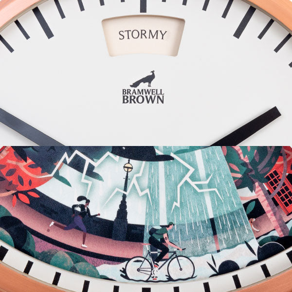 A close-up of a weather clock shows the word STORMY. Below the clock hands, an illustration depicts a person running and another cycling in heavy rain and lightning, surrounded by trees and buildings.