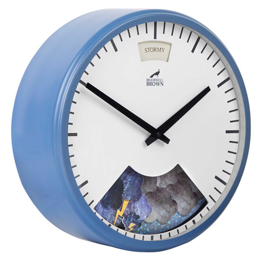 A round blue wall clock with black hands and tick marks, displaying the word STORMY at the top and a stormy weather scene with clouds and lightning at the bottom. The brand Bramwell Brown is on the face.