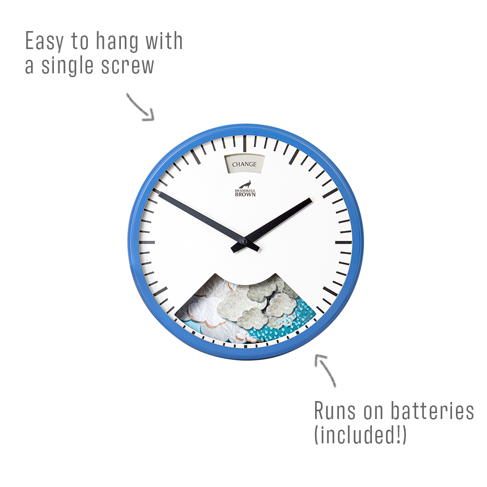 A round wall clock with a blue frame, labeled “Change,” has arrows pointing to features: “Easy to hang with a single screw” and “Runs on batteries (included!).” The lower part of the clock shows a decorative ocean wave design.