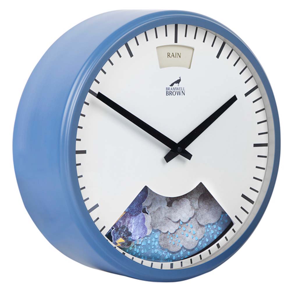 A blue wall clock with black hands, displaying the time as 10:10. The top shows a label reading RAIN, and the lower part features an illustration of dark clouds and rain.