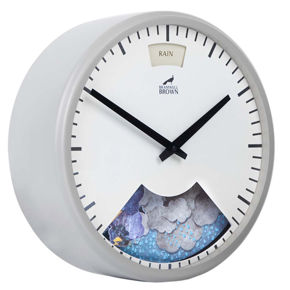 A round wall clock with black hands and tick marks, showing the time as 2:00. The clock face includes a weather display window with rain clouds and raindrops, and an upper label reading RAIN.
