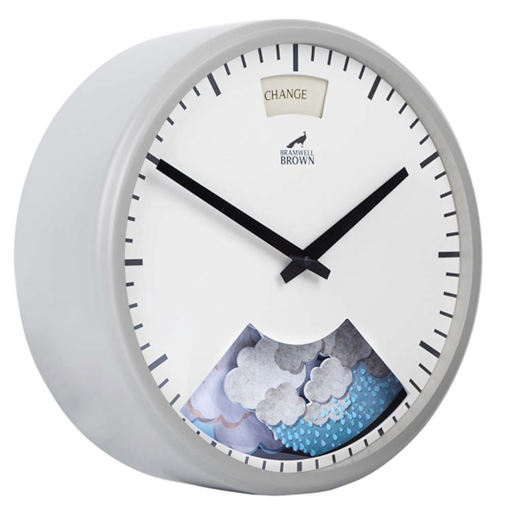 A round wall clock with black hands and tick marks, featuring a weather forecast window at the bottom showing clouds and rain, and a display at the top labeled CHANGE. The brand name Bramwell Brown is visible.