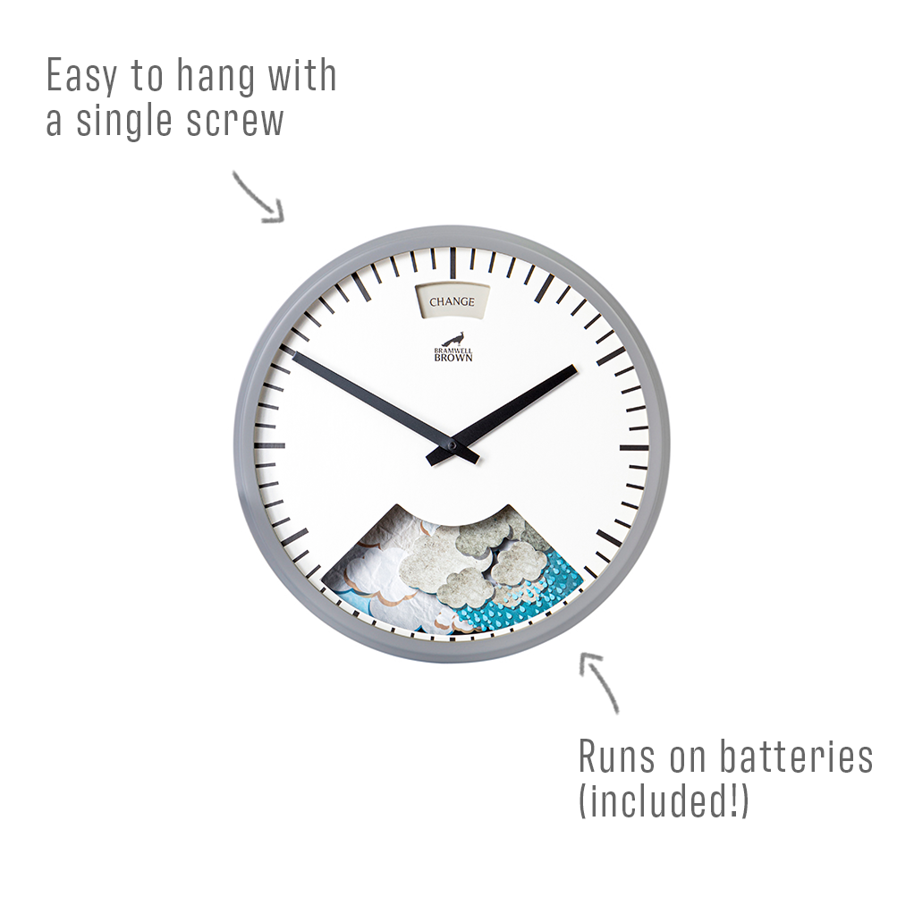 A round wall clock with a white face and gray rim. Text points to features: Easy to hang with a single screw and Runs on batteries (included!). A wave illustration is visible on the lower part of the clock face.