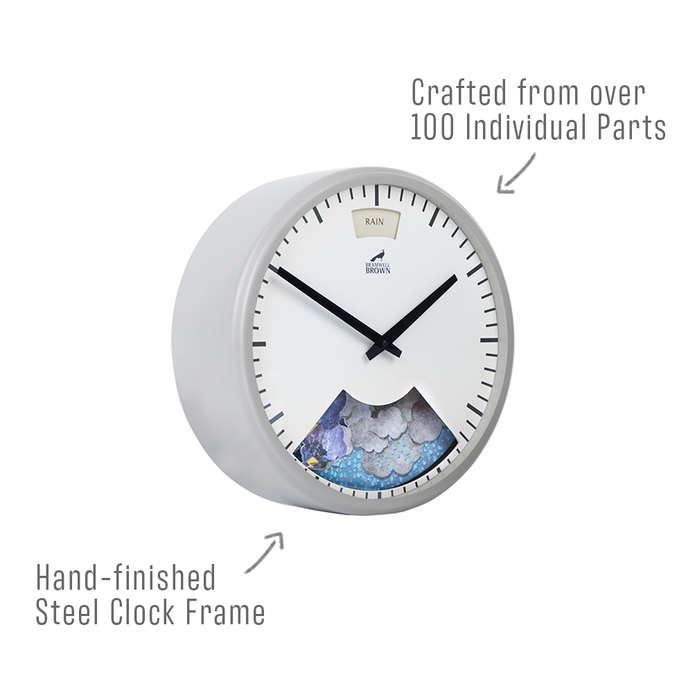 A modern wall clock with a white face and black hands, featuring a weather-themed illustration at the bottom. Text points out its hand-finished steel frame and notes it is crafted from over 100 individual parts.